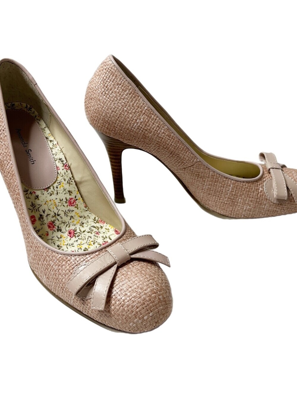 Amanda Smith Women's Belle High Heels Size 8M Pink Raffia Bow Straw Tweed Pumps
